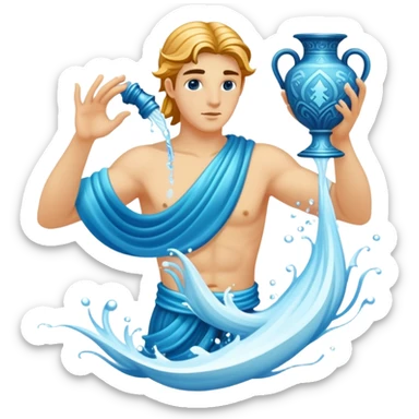 The zodiac symbol Aquarius. A mystical and beautiful water bearer, holding and pouring water into the sea from a large, intricate, and arcane vase sticker