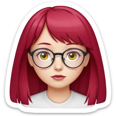 Menina com cabelos vermelho Cherry, liso com franja,olho direito rosa e olho esquerdo amarelo,pele clara e com oculos  sticker