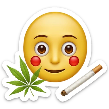 classic yellow emoji face, relaxed expression, eyes with visible red veins (not fully red), holding a clearly rolled weed joint sticker