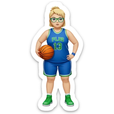 Full Body white plus size Girl with basketball spikey short brown and blonde hair  wearing blue glasses with green eyes wearing blue and green basketball uniform sticker