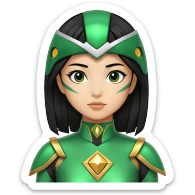 wasian girl in a green Power Ranger suit, black straight hair, black eyes sticker