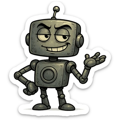sarcastic robot, expressive, metallic, smirking, hint of attitude sticker