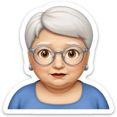 Create me emoji of an old fat lady. Short white hair to left side. Square glasses. Brown eyes. Rounded really big and really wide face. Wide nose.  sticker