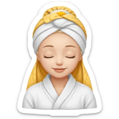 cute girl with her eyes closed and smiling, wearing a white spa towel as her clothes in she has a white spa towel on her head, white face skincare sticker