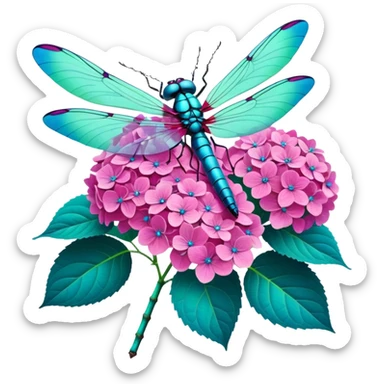 3D Realistic Still life vivid, bold, vibrant pink highly detailed Hydrangea macrophylla,  beautiful green leaves,  beautiful and highly detailed large size wings,  turquoise and teal colored dragonfly resting  sticker