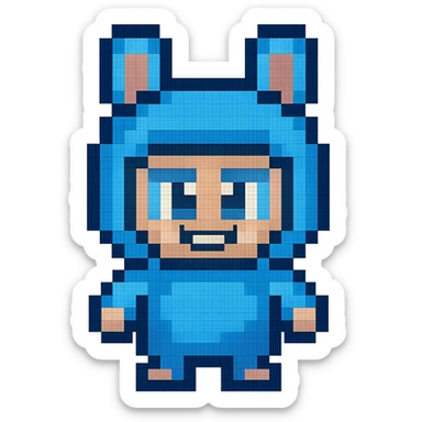 Extract and isolate the small character in the blue bunny suit from the image, placing them on a transparent background, keeping the original Minecraft cartoon style and appearance. sticker