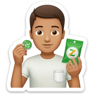 Man holding Zyn spearmint snus in palm and a white pouch in the other sticker
