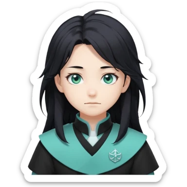 Tokito Muichiro emoji style — calm boy with long black hair fading mint green, turquoise eyes, pale skin, dreamy face, wearing dark Demon Slayer uniform, black + teal tone, anime cute clean style. sticker