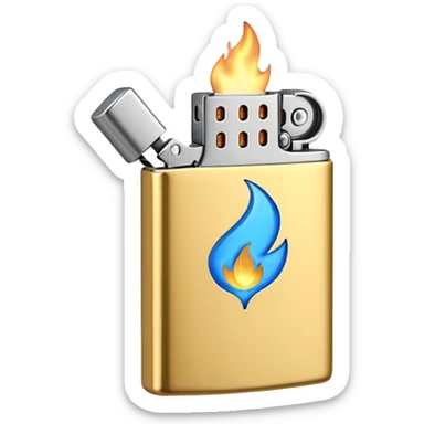 3D emoji icon of a golden metallic lighter with a blue flame, high quality, 3D render, minimalist white background sticker