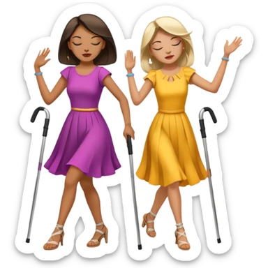 Two women dancing, one with one eye closed and the other with crutches. sticker