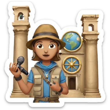 Icon for Documentary Film: A TV-style design with a traveler speaking in front of ancient ruins. Include details like a microphone, the traveler in casual explorer attire, and the ruins in the background. Capture the atmosphere of an informative journey through history. Transparent background. sticker