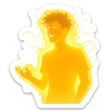 radiant young man with a soft glow and captivating energy, symbolizing lighthearted chaos and allure, in a minimalist silhouette sticker