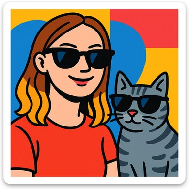 a white woman with light brown ombre hair and a grey tabby cat, both wearing black sunglasses and looking cool, in a vibrant, playful style sticker