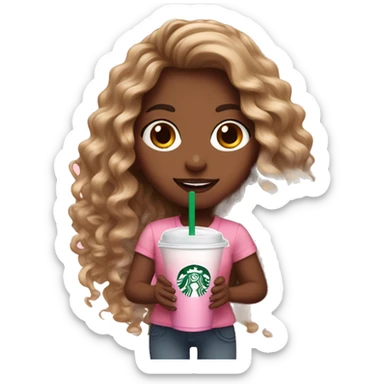 girl with brown and blonde ombré long curly hair holding Pink starbucks refresher sticker