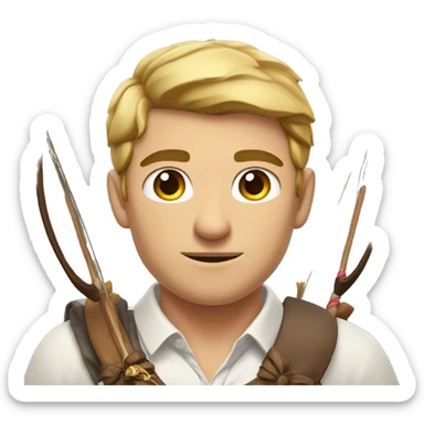 a male archer with a bow, wearing a white shirt, very short brown hair, bright skin, only show upper part of the body from waist up sticker