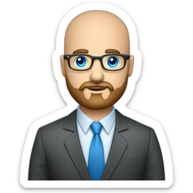 questioning business analyst on a conf call bald with beard with blue eyes and glasses with a phone sticker
