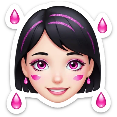 smiling girl with black hair, pink glitter tears, no heart eyes sticker