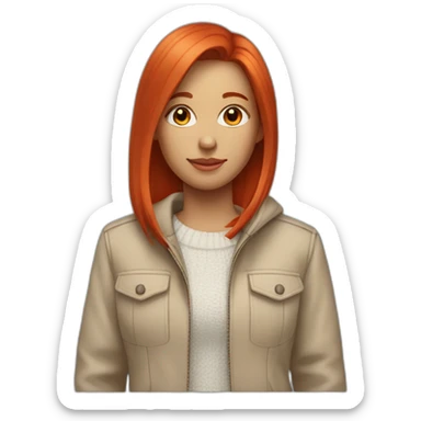a girl with bright red straight hair of medium length, wearing a beige classic jacket, a white sweater and jeans sticker