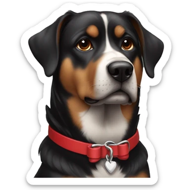 black dog, big jowls, sad puppy eyes, angel wings, red collar sticker