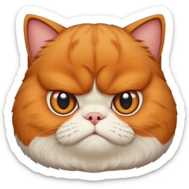 貓咪特徵強調
 
品種/臉型： 以**加菲貓（Garfield cat）或異國短毛貓（Exotic Shorthair）**為原型。
面部特徵： 強調扁臉（Flat face）、極度厭世的表情（Extremely grumpy/grumpy/displeased expression）、深深的皺眉（Deeply furrowed brow）、以及大眼睛（Large eyes）。
毛髮： 擁有雙層、蓬鬆的長毛（Double-coated, fluffy long fur）。 sticker