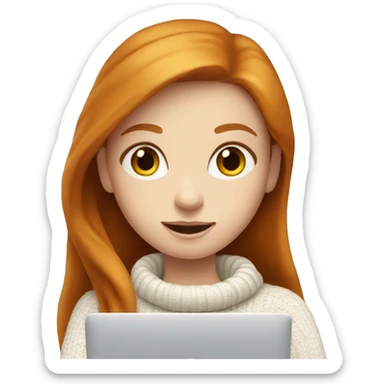 ginger girl with long hair and blue eyes in turtle neck white sweater working on a laptop sticker