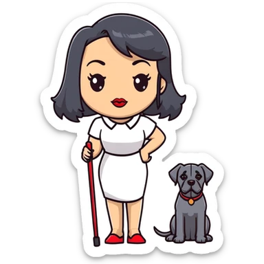 woman with long black hair and red lips next to a black Cane Corso dog with cropped ears and short tail sticker