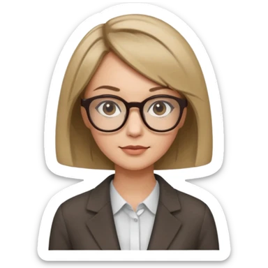 woman dark blonde petite bob haircut wears dark squarish glasses, classic clothes sticker