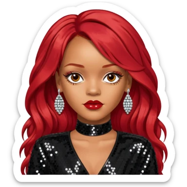 Rihanna with long red hair, black sequin outfit sticker