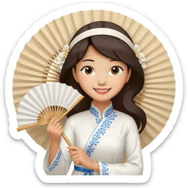 a vietnamese woman wearing a white ao dai holding a folding fan elegantly, wearing a nón lá sticker