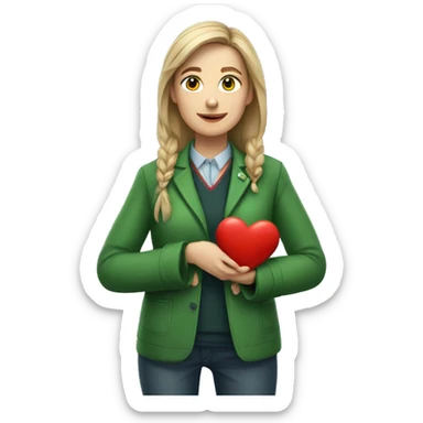 A European female teacher in a green jacket holds a heart in her hands sticker