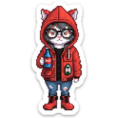 Catfish wearing red hooded winter jacket, round glasses, blue jeans, red boots, holding beer can with red label sticker