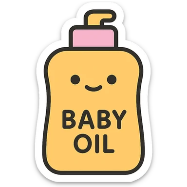 cute baby oil bottle with a smiling face, Discord style, pastel colors, rounded edges sticker