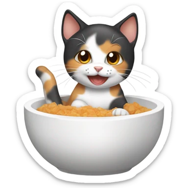 Happy Baby calico cat eating from a cat bowl  sticker