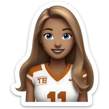 Beautiful girl, blue eyes, long straight beautiful light brown hair, wearing Texas Longhorn football cheerleading uniform sticker