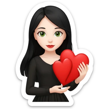 Pale girl with long black hair and olive green eyes soft smile wearing black dress and holding a heart sticker