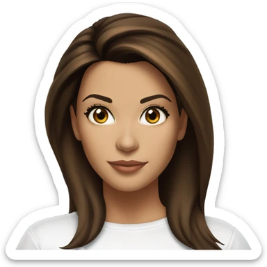 3/4 face, contrasted, shadow, light, Eva Longoria expression, standing from a distance, thin nose, brunette woman, hazel eyes, long eyelashes, dark shoulder shaded hair, white t-shirt, jeans, white sneakers sticker