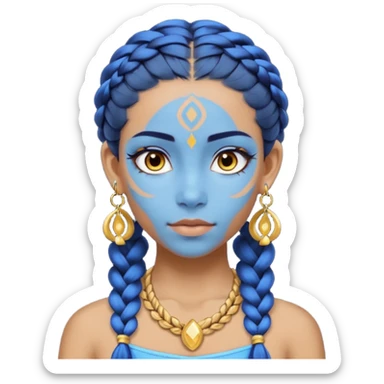 Draw a Na’vi female with glowing blue skin, white forehead markings, braided hair, gold earrings & a calm gaze. sticker