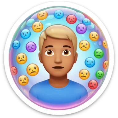 Realistic emoji-style man trapped inside a glowing filter bubble. The bubble contains identical social media icons and repeating content symbols. Outside the bubble are colorful diverse icons he cannot see. The man looks comfortable but unaware, expressing narrow perspective. sticker