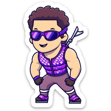 close-up of cool guy male athlete with white skin and moderately curly dark brown hair on top with shaved sides, with one purple ski goggle lens pushed up above his eyes on his forehead, sticking his tongue out of his mouth, wearing only a plain black chain necklace around his neck, and a completely unzipped sleeveless vest with purple and black sequin fire pattern design with no logo, clearly showing he is shirtless underneath with exposed chest and abs sticker