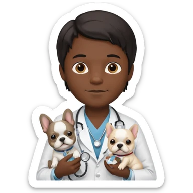 joven médico con el pelo un poco largo pero no tanto y lacio, que tenga un estetoscopio de color de piel tez negra calida !!! que sostiene un bulldog francés blanco sticker