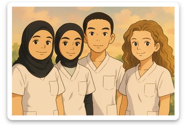 Four nursing students standing side by side in a warm atmosphere, styled in Ghibli. They wear white short-sleeve uniforms without collars, no undershirts or stethoscopes. Tops are medical tunics with V-necks and a chest pocket on the left side. Faces and attitudes inspired by the four provided photos, with a different composition. sticker