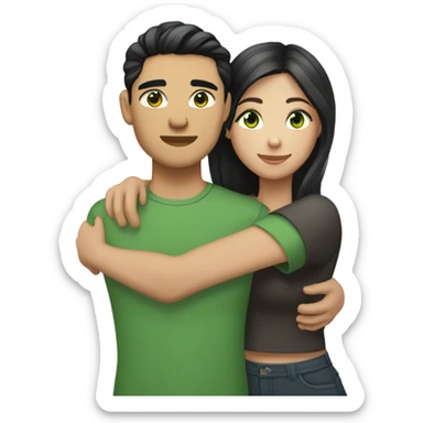Light skin Asian male with undercut straight black hair and white female with green eyes and long brown wavy hair tightly hugging each other  sticker