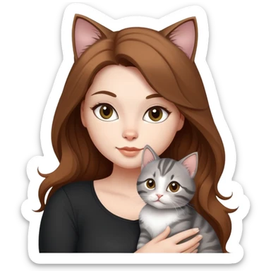 Hot curvy woman, long hair, with super cute kitten, she is white with brown hair, black top, the cat is a grey tabby sticker