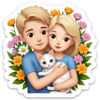 girl hugging boyfriend with kittens and flowers sticker