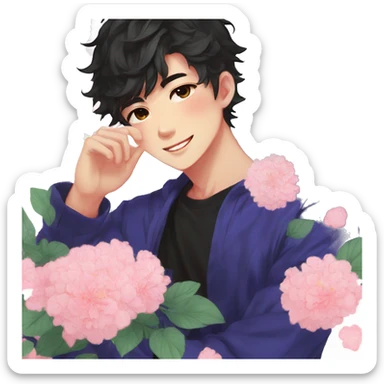 Gorgeous bright sparkly romantic Asian anime style guy with blushing face and flowers aesthetic trending style outside sticker