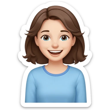 brunette girl with brown hair wearing pastel blue clothes laughing joyfully sticker