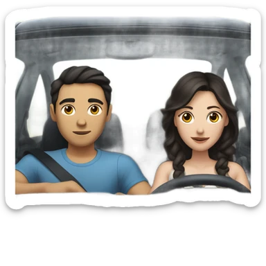A pale half Asian man with short dark hair and white woman with long wavy brunette hair driving together sticker