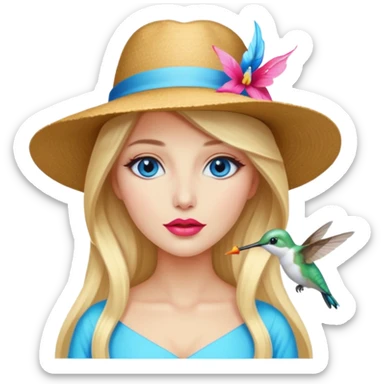 bust woman long blonde hair blue eyes white skin with hummingbird hat and nectar glow lips sticker