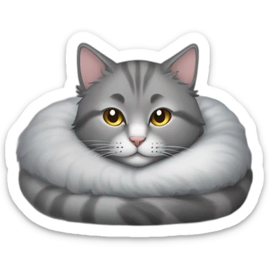 A fluffy gray cat curled up in the center of the bed The cat's eyes are closed and it is sleeping peacefully The cat's fur is soft and luxurious sticker
