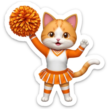 A cat in a tiny cheer outfit shaking pom-poms with bright enthusiasm. sticker